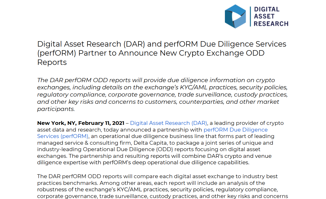 Digital Asset Research (DAR) and perfORM Due Diligence Services